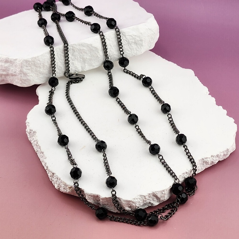 Black Faceted Bead Long Multi Strand Station Necklace Chain Gothic Statement
